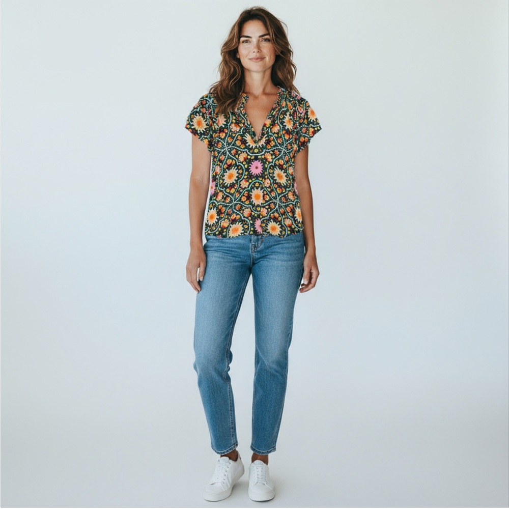 Caballero Floral Print Lightweight Short Sleeve Viscose Top Blouse Size Small